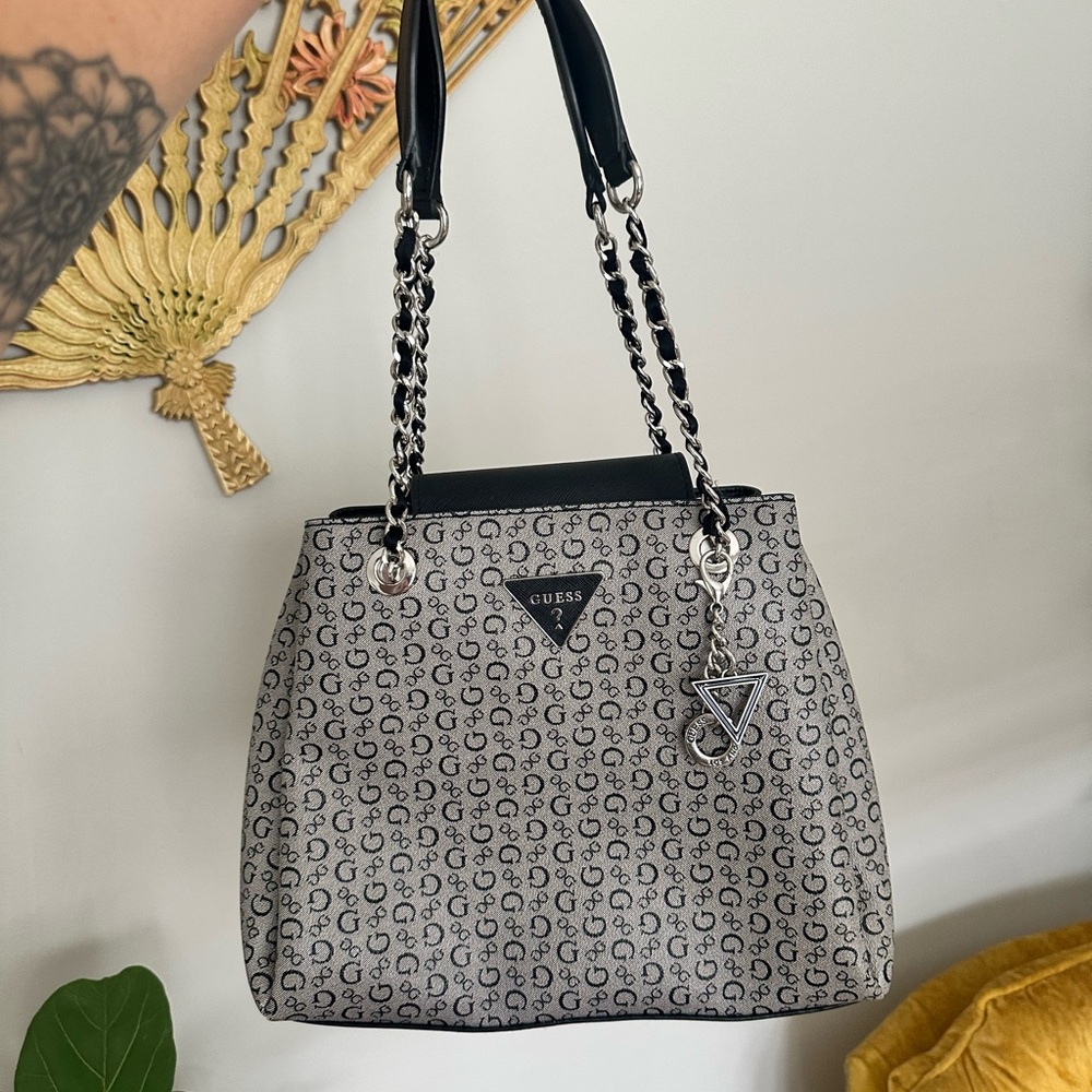 GUESS Black and Gray Monogram Shoulder Bag